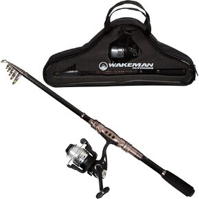 Fiberglass Fishing Rod - Portable Telescopic Pole with Size 20 Spinning Reel - Fishing Gear for Ponds, Lakes, and Rivers by Wakeman (Black)
