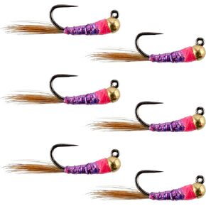 The Fly Fishing Place Tungsten Bead Hot Spot Purple Perdigon Tactical Jig Czech Euro Nymph Spanish Barbless Nymphing Fly - 6 Flies Size 18