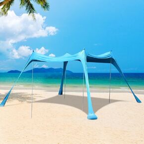 Beach Tent, 10X10Ft Camping Sun Shelter UPF50+ with 4 Sandbags, Stability Poles,Sky Blue Outdoor Shade Beach Canopy for Camping Trips, Fishing, Backyard Fun or Picnics