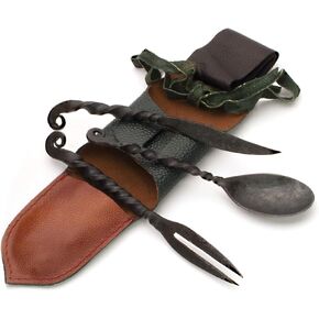 Hand Forged Medieval Iron Eating Cutlery Set with Leather Belt Pouch Case - Viking Feastware