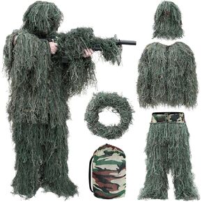 5 in 1 Ghillie Suit, 3D Camouflage Hunting Apparel Including Jacket, Pants, Hood, Carry Bag