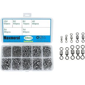 Maxmoral 420PCS Fishing Tackle Fishing Barrel Swivel Set Rolling Bearing Snap Connector Carbon Steel Heavy Duty Fishing Line Connector for Saltwater and Freshwater Fishing