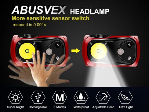 مصباح أمامي قابل لإعادة الشحن، عبوة من قطعتين، مصباح أمامي LED ساطع للغاية 1000 لومن مع ضوء أحمر أبيض، مصباح رأس بمستشعر حركة مقاوم للماء للغاية، 6 أوضاع للجري في الهواء الطلق، والإصلاح، وصيد الأسماك، والمشي للكلاب in Kuwait