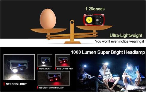 مصباح أمامي قابل لإعادة الشحن، عبوة من قطعتين، مصباح أمامي LED ساطع للغاية 1000 لومن مع ضوء أحمر أبيض، مصباح رأس بمستشعر حركة مقاوم للماء للغاية، 6 أوضاع للجري في الهواء الطلق، والإصلاح، وصيد الأسماك، والمشي للكلاب in Kuwait