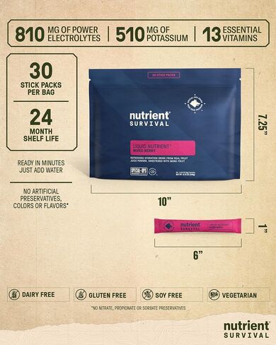 Nutrient Survival Electrolytes Powder Packets, Refreshing Liquid Nutrient Mixed Berry Hydration Drink from Real Fruit Juice Powder, Vitamins & 3 BCAAs, Shelf Stable up to 18 Months, 30 Servings in Saudi Arabia