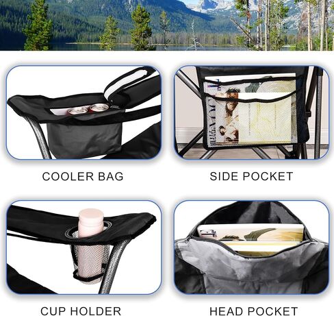 Fully Padded Camping Chair, Oversized Heavy Duty Lawn Chair with Cooler Bag,Side Pocket,Cup Holder Support 400 lbs (Black & Blue, Twin Pack) in Saudi Arabia