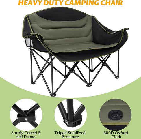 UBALANCE Double Camping Chair - Oversized Two Person Camp Chair with 650 lb. Load Capacity - Army Green - Ideal Camping Gear for Outdoor Adventures in Saudi Arabia