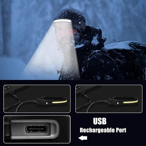 Rechargeable Headlamp, LED Headlamp Flashlight 1300Lumens 2 COB 230°Wide Beam Headlight with Motion Sensor Waterproof 5 Modes Hardhat Head Lamp Lightweight Headband Light for Running Camping Grey in Saudi Arabia