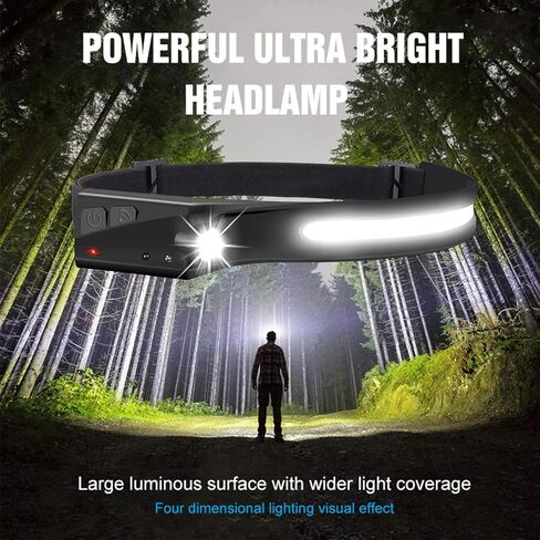 Rechargeable Headlamp, LED Headlamp Flashlight 1300Lumens 2 COB 230°Wide Beam Headlight with Motion Sensor Waterproof 5 Modes Hardhat Head Lamp Lightweight Headband Light for Running Camping Grey in Saudi Arabia