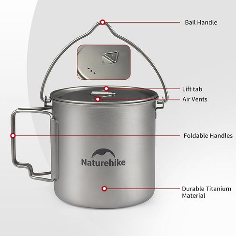 كوب مج تيتانيوم محمول سعة 650 مل من Naturehike، وعاء طهي تيتانيوم خفيف الوزن لحقيبة الظهر مع غطاء للتخييم في الهواء الطلق والمشي لمسافات طويلة in Saudi Arabia