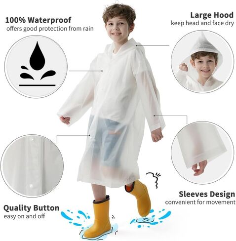 Reusable Rain Ponchos for Kids(Height:110cm-150cm), 2 Pcs Raincoats with Hood and Sleeves for Boys and Girls in Saudi Arabia