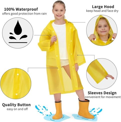 Reusable Rain Ponchos for Kids(Height:110cm-150cm), 2 Pcs Raincoats with Hood and Sleeves for Boys and Girls in Saudi Arabia
