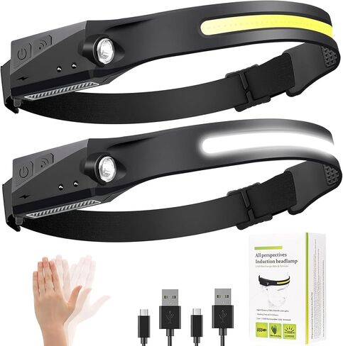 Headlamp Rechargeable, High Lumen LED Headlamps,COB 230° Wide Beam Headlamps, Waterproof Head Light with Motion Sensor, 5 Light Mode, Camping Essentials(1-Pack) in Saudi Arabia