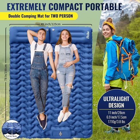 iNeibo Double Sleeping Pad for Camping, Ultralight Inflating Sleeping Mat for 2 Person with Pillow Bulit-in Foot Pump, Waterproof Camping Mattress for Backpacking Hiking Tent Car Outdoor(Green) in Saudi Arabia