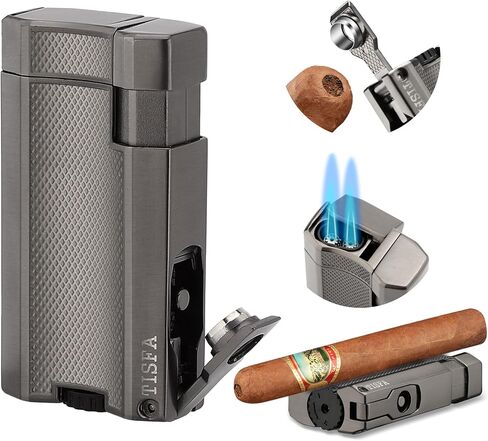 TISFA Torch Lighter Double Jet Flame Cigar Lighter with Cigar Punch and Cigar Stand, Refillable Windproof Butane Lighters, Adjustable Pocket Cool Lighters for Smoking (Grey) in Saudi Arabia