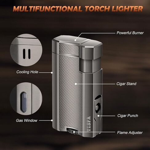 TISFA Torch Lighter Double Jet Flame Cigar Lighter with Cigar Punch and Cigar Stand, Refillable Windproof Butane Lighters, Adjustable Pocket Cool Lighters for Smoking (Grey) in Saudi Arabia