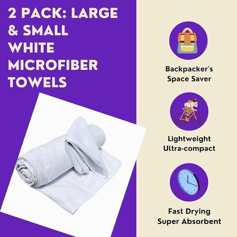 Microfiber Quick Dry Bath Camping Towel 2 Pack White Absorbent, Sand Free, Soft, Thin Lightweight Sports Travel Towels with Bag for Women Men and Kids in Saudi Arabia