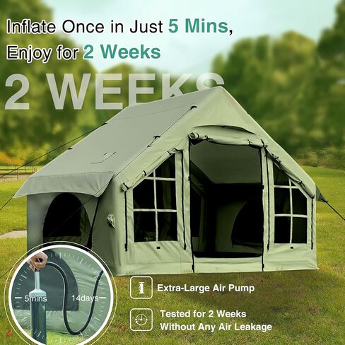 Inflatable Tent for Camping 2/4/6 People Large Blow Up Air Tents House, No Assembly Needed Luxury Glamping Tent, 10x7.2ft Waterproof Oxford, Field Green in Saudi Arabia