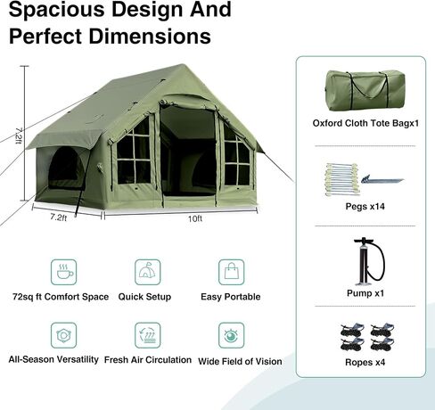 Inflatable Tent for Camping 2/4/6 People Large Blow Up Air Tents House, No Assembly Needed Luxury Glamping Tent, 10x7.2ft Waterproof Oxford, Field Green in Saudi Arabia