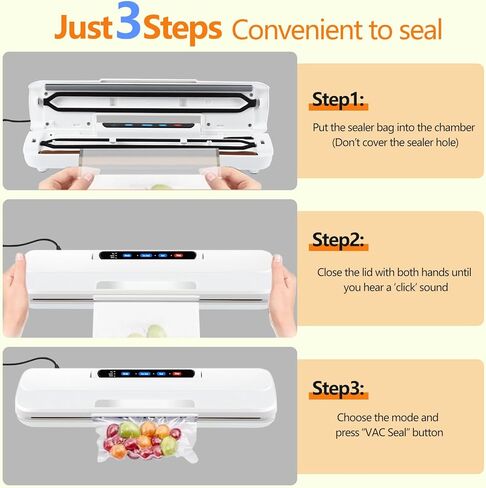 آلة حفظ الطعام بالشفط، 8 في 1 وظيفة ختم الطعام المدمج، آلة ختم الطعام السريع لتخزين الطعام والفيديو، إغلاق تلقائي مع خرطوم ملحق EXT-VAC، قاطع، 10 أكياس مكنسة in Kuwait