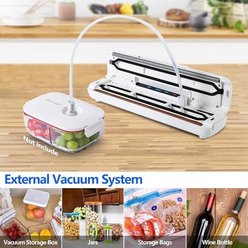 آلة حفظ الطعام بالشفط، 8 في 1 وظيفة ختم الطعام المدمج، آلة ختم الطعام السريع لتخزين الطعام والفيديو، إغلاق تلقائي مع خرطوم ملحق EXT-VAC، قاطع، 10 أكياس مكنسة in Kuwait