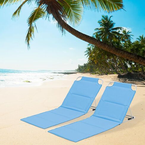 MoNiBloom Folding Beach Chair Chaise Lounge Mat for Adults Portable Foldable Lightweight Waterproof Sun Lounger with Carry Bag Adjustable Backrest for Outdoor Sunbathing Tanning (2-Pack, Sky Blue) in Saudi Arabia