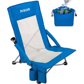 XGEAR Beach Chair Sturdy Beach Chairs for Adults with Cooler Bag, High Back Camping Chair with Side Pocket, Cup Holder & Carry Bag, for Outdoor Sand-Blue
