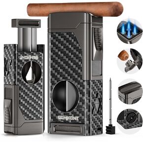 Cigar Lighter, 4 Jet Flame Refillable Butane Lighter with V Cut Cigar Cutter,Cigar Punch,Cigar Holder and Cigar Draw Enhancer,5 in 1 Multifunctional Windproof Lighter-No Butane(Carbon Fiber)