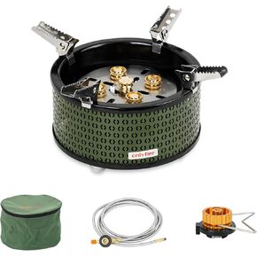 ONLYFIRE Portable Camping Gas Stove with Storage Bag & Foldable Brackets, 5 Burners Camp Stove 3 Fuels Adapters for Isobutane and Propane, For Outdoor Cooking Picnic Camping Backpacking Hiking, Green