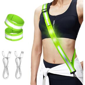 مجموعة معدات الجري العاكسة LED وشاح حزام عاكس للمشي في الليل وحزام ذراع عالي الوضوح قابل للتعديل معدات السلامة للجري ملحقات الترفيه في الهواء الطلق للعدائين والمشاة in Kuwait