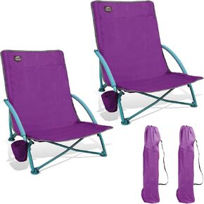 2 Pack Low Beach Chair,Folding Recliner Camping Chair for Adults,Lightweight Backpacking Low Seat Camping Chairs with Cup Holder, Carry Bag for Outdoor Camp Lawn Picnic Festival,Blue