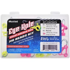 Crappie Magnet Eye Hole Jig Heads Kit, includes 12 Hammerhead Scent Holder Jigs and 12 Round Scent Holder Jigs