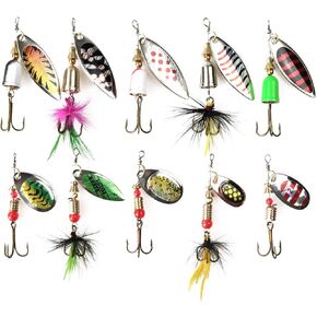 WOLFSKIN Fishing Lures Kit 10pcs Spinnerbait Spoon Hard Metal Fishing Baits for Salmon Trout Pike Bass Crappie Walleye Freshwater and Saltwater Spinnerbait Fish Hooks with Feather
