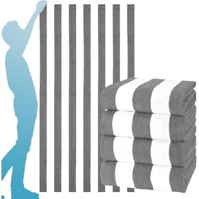 4 عبوات من مناشف الشاطئ المخططة كبيرة الحجم ورفيعة مع أربطة المناشف، مجموعة مقاس XL كبيرة جدًا وكبيرة جدًا وإكسسوارات السفر لحمام السباحة الأساسية ناعمة ماصة للسباحة، مناشف حمام كبيرة للرجال والنساء والبالغين، هدية رمادية in Kuwait