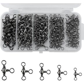 115PCS 3-Way Swivels Set with Tackle Box, High Strength Barrrel Swivels Fishing Tackle Connectors, Catfish Rig Surf Fishing Rigs Accessories Three Way Swivel Connector Test 35-101Lb