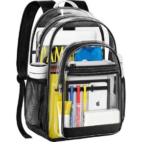 Clear Backpack, Heavy Duty Large Transparent Backpack with Reinforced Straps, See Through Book Bag for College, Travel, Work Security - Black