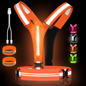 JZ LED Reflective Vest Running Gear-Reflective Vest for Walking at Night, High Visibility Night Running-Rechargeable Adjustable Led Light Up Running Vest with Armband for Runners Walkers Men