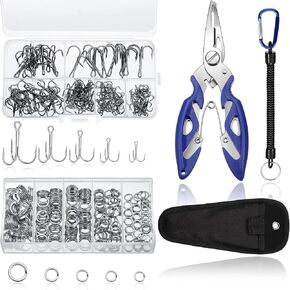 Skylety Fishing Tackle Tools 200 Pieces Split Fishing Rings with Plastic Box, 100 Pieces Treble Hooks Kit with Plastic Box, 1 Piece Lure Tackle Connector Fishing Plier and 1 Piece Fishing Lanyard