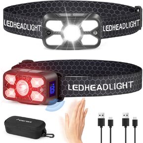 Rechargeable Headlamp,2 Pack 2500 Lumen Bright 5 Led Headlamp,14 Modes Adjustable Motion Sensor Headlight with Red Light for Adults& Kids,USB C Waterproof Head Flashlight for Outdoor Hiking