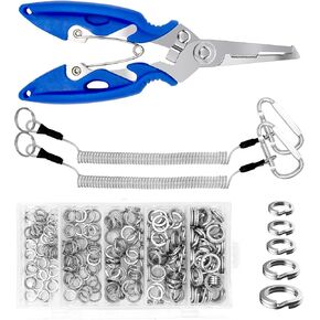 203Pcs [5 - Sizes] Heavy Duty Stainless Steel Split Fishing Rings with Fishing Pliers and Lanyard Wire Coiled Lanyard, Double Snap Loop Lure Connectors for Saltwater Freshwater