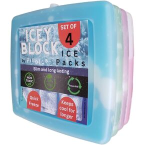Icey Block, Set of 4 Pack Slim Reusable Ice Packs for Lunch Bags, Boxes, and Coolers, Quick Freeze and Space Saving
