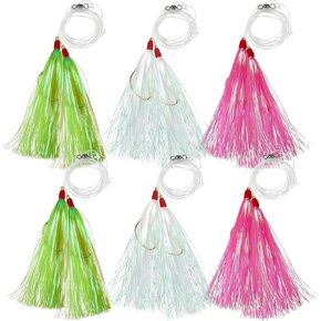 Fishing Bait Rigs Saltwater Flounder Rigs with Bucktail Mylar Teaser Rigs Sea Bass Hi/Lo Fishing Rigs Mylar Bucktail Teasers Hook Rig for Bass Surf Ocean Fishing