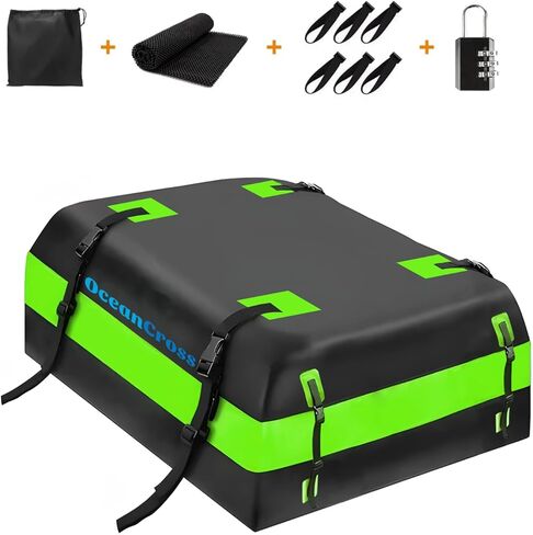 حامل بضائع على سطح السيارة، حقيبة حمل بضائع خضراء على السطح 15 قدم مكعب مقاومة للماء لجميع السيارات مع/بدون حامل، تتضمن حصيرة مضادة للانزلاق، 8 أشرطة تقوية، قفل للأمتعة in Kuwait