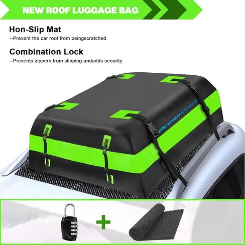 حامل بضائع على سطح السيارة، حقيبة حمل بضائع خضراء على السطح 15 قدم مكعب مقاومة للماء لجميع السيارات مع/بدون حامل، تتضمن حصيرة مضادة للانزلاق، 8 أشرطة تقوية، قفل للأمتعة in Kuwait