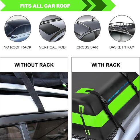 حامل بضائع على سطح السيارة، حقيبة حمل بضائع خضراء على السطح 15 قدم مكعب مقاومة للماء لجميع السيارات مع/بدون حامل، تتضمن حصيرة مضادة للانزلاق، 8 أشرطة تقوية، قفل للأمتعة in Kuwait