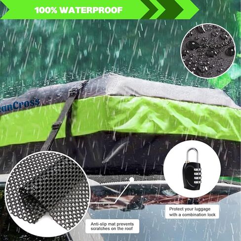 حامل بضائع على سطح السيارة، حقيبة حمل بضائع خضراء على السطح 15 قدم مكعب مقاومة للماء لجميع السيارات مع/بدون حامل، تتضمن حصيرة مضادة للانزلاق، 8 أشرطة تقوية، قفل للأمتعة in Kuwait