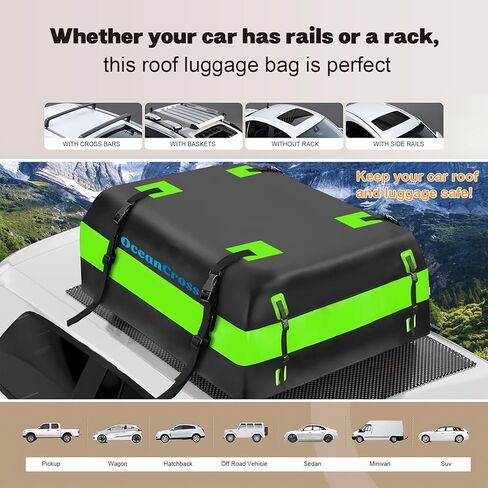 حامل بضائع على سطح السيارة، حقيبة حمل بضائع خضراء على السطح 15 قدم مكعب مقاومة للماء لجميع السيارات مع/بدون حامل، تتضمن حصيرة مضادة للانزلاق، 8 أشرطة تقوية، قفل للأمتعة in Kuwait