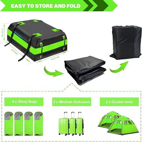 حامل بضائع على سطح السيارة، حقيبة حمل بضائع خضراء على السطح 15 قدم مكعب مقاومة للماء لجميع السيارات مع/بدون حامل، تتضمن حصيرة مضادة للانزلاق، 8 أشرطة تقوية، قفل للأمتعة in Kuwait