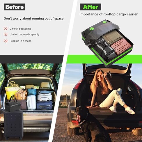 حامل بضائع على سطح السيارة، حقيبة حمل بضائع خضراء على السطح 15 قدم مكعب مقاومة للماء لجميع السيارات مع/بدون حامل، تتضمن حصيرة مضادة للانزلاق، 8 أشرطة تقوية، قفل للأمتعة in Kuwait