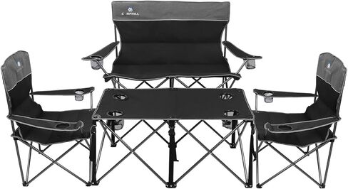 Camping Chair Set of 4, Outdoor Folding Camping Chairs with Table Heavy Duty Lawn Chair with Cup Holder,Collapsible Chair Include One Sofa Chair and Two Single Chairs and Camping Table in Kuwait